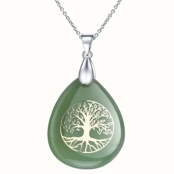 Green Aventurine Tree Of Life Natural Stones Necklace Gemstone Healing Pendant - Picture 2 of 2